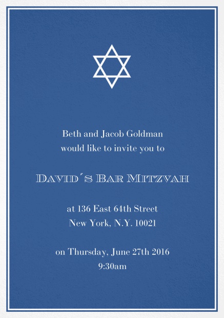 Bar oder Bat Mitzvah Einladungskarte in auswählbaren Farben mit Davidstern. Blau.