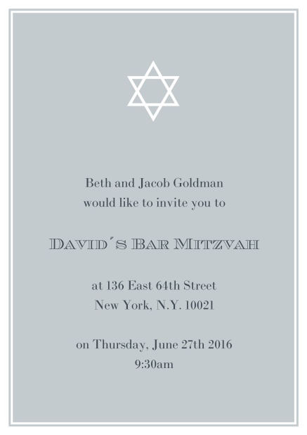 Online Bar or Bat Mitzvah Invitation card in choosable colors with Star of David at the top. Grey.