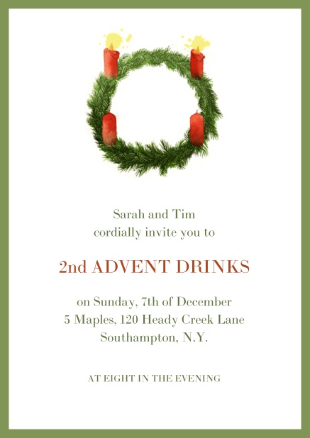 Online Advent invitation card with two burning candles. Green.