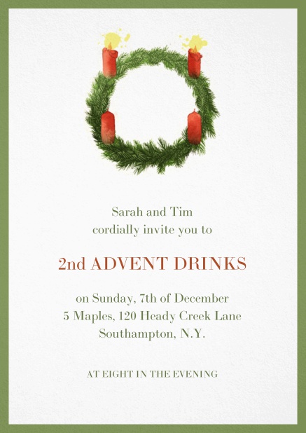 Advent invitation card with two burning candles. Green.