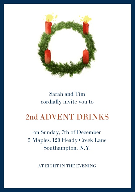 Online Advent invitation card with two burning candles. Navy.