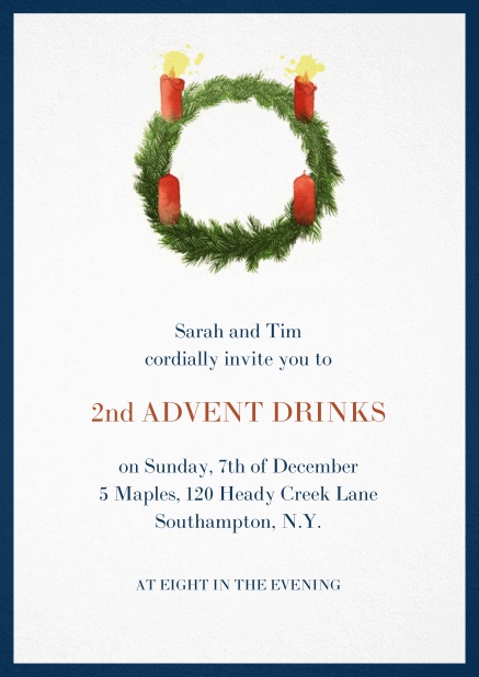 Advent invitation card with two burning candles. Navy.