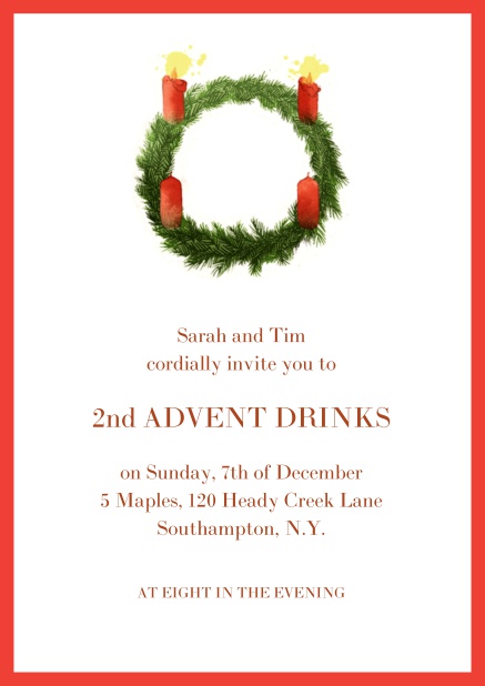Online Advent invitation card with two burning candles. Red.