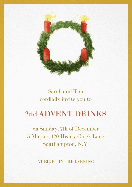 Advent invitation card with two burning candles. Yellow.