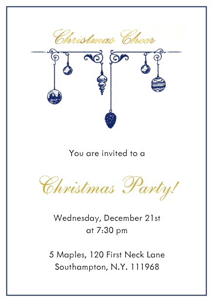 Online Christmas party invitation card with handing Christmas deco. Navy.