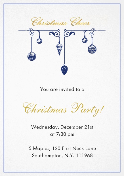 Christmas party invitation card with handing Christmas deco. Navy.