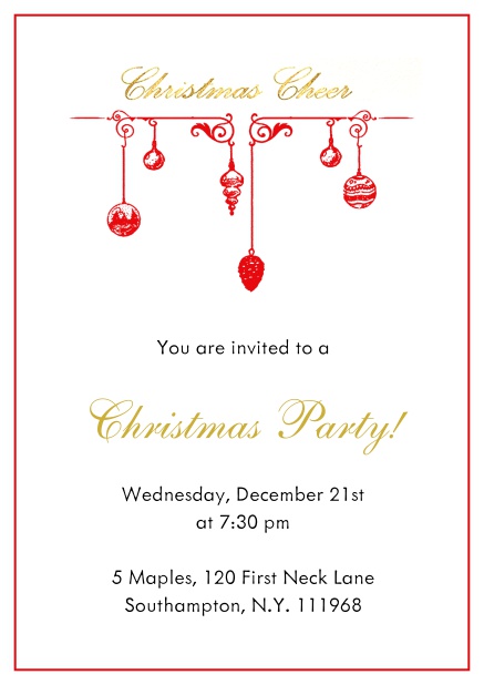 Online Christmas party invitation card with handing Christmas deco. Red.