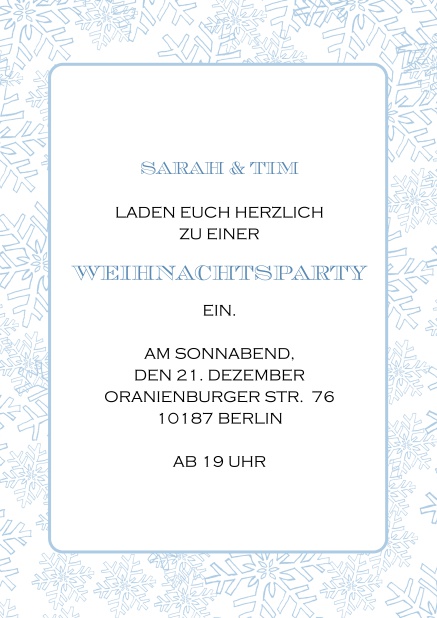 Online Weihnachtsfeier Einladung mit Rahmen aus Schneeflocken Blau.