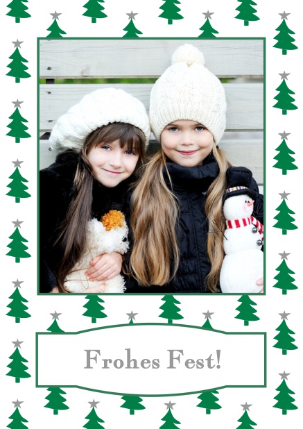 Online Weihnachtskarte mit Foto umrandet von Weihnachtsbäumen. Grau.