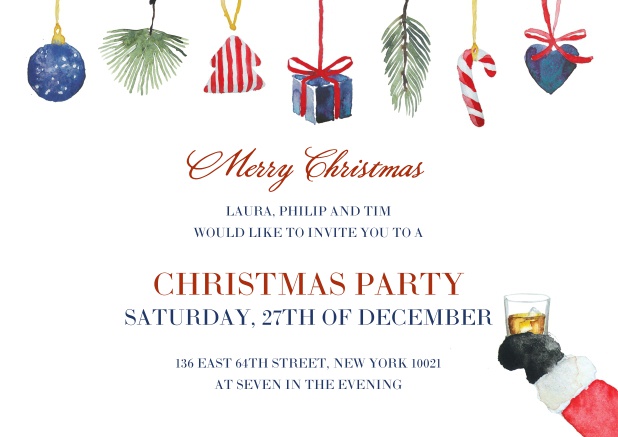 Online Christmas party invitation card with presents and a glass of Whiskey with a photo field inside.