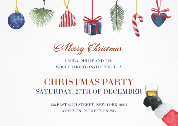Christmas party invitation card with presents and a glass of Whiskey with a photo field inside.