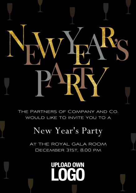 Online Dark New Years Party celebration card with gold and silver text.
