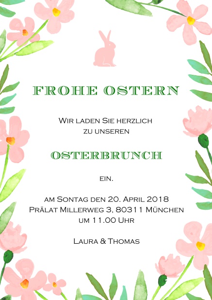 Eine fröhliches online Karte mit Rosa Blumen und einem Rosa Osterhasen, perfekt für Einladungen zu Ostern Rosa.