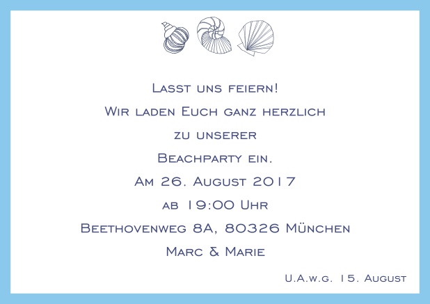 Online Sommer Einladungskarte mit Muscheln, perfekt für Strandparties.