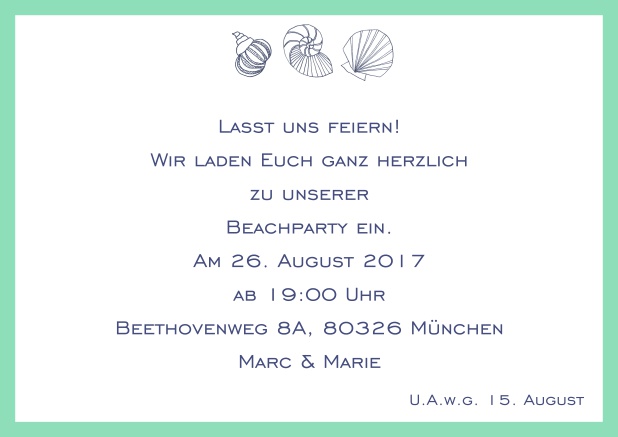 Online Sommer Einladungskarte mit Muscheln, perfekt für Strandparties. Grün.