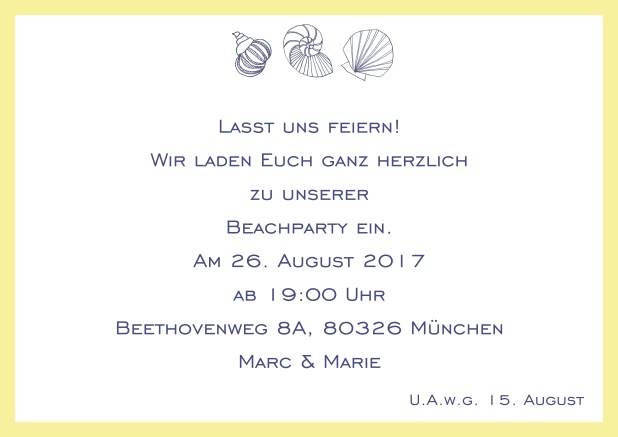 Online Sommer Einladungskarte mit Muscheln, perfekt für Strandparties. Gelb.