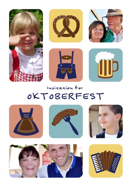 Oktoberfest Online invitation card with illlustrations of a pretzel, dirndl, lederhosen, sausage etc including the option to upload photos