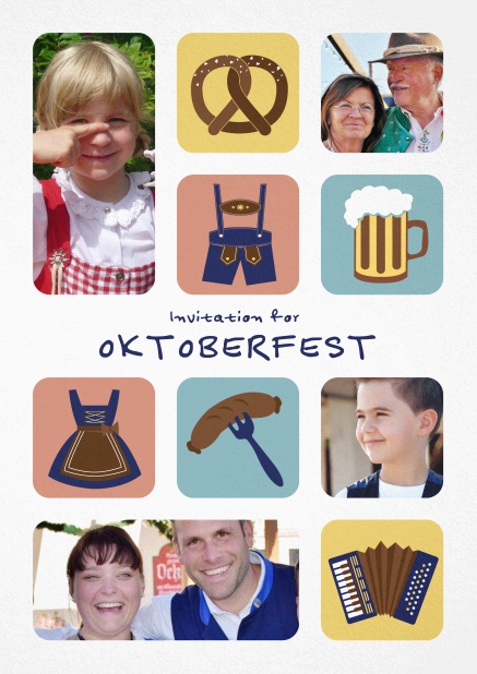 Oktoberfest invitation card with illlustrations of a pretzel, dirndl, lederhosen, sausage etc including the option to upload photos