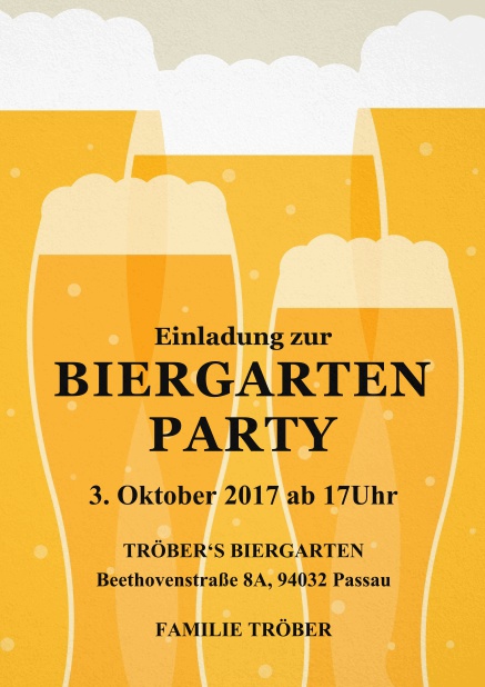 Einladungskarte zur Biergartenparty mit vielen Biergläsern