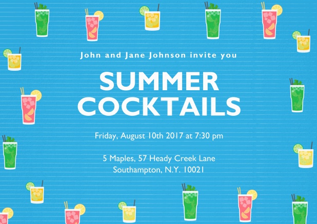 cocktail and drinks invitation card with different color cocktail glasses.