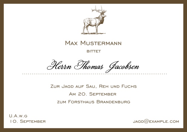 Online Classic hunting card with strong stag and elegant border in various colors. Brown.