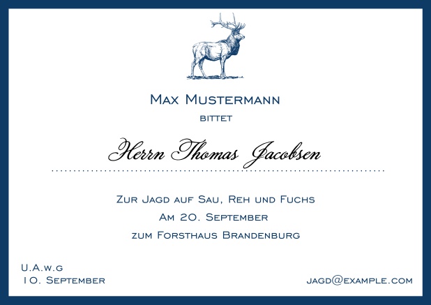 Online Classic hunting card with strong stag and elegant border in various colors. Navy.
