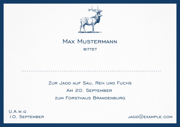 Classic hunting card with strong stag and elegant border in various colors. Navy.