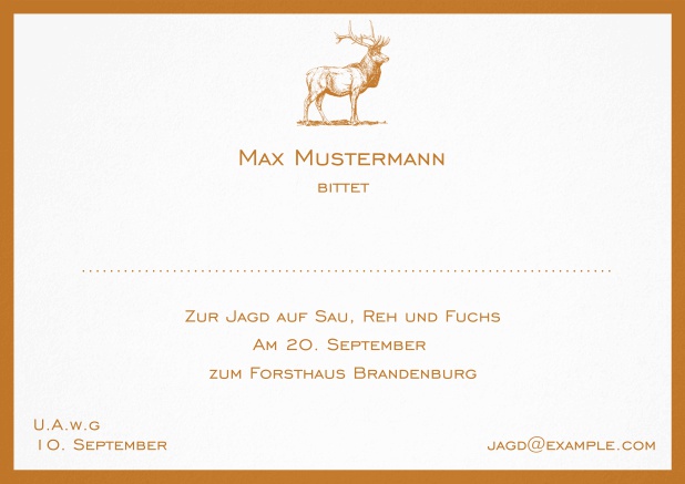 Jagdeinladungskarte mit starkem Hirsch und elegantem Rand. Orange.