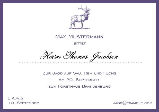 Online Classic hunting card with strong stag and elegant border in various colors. Purple.