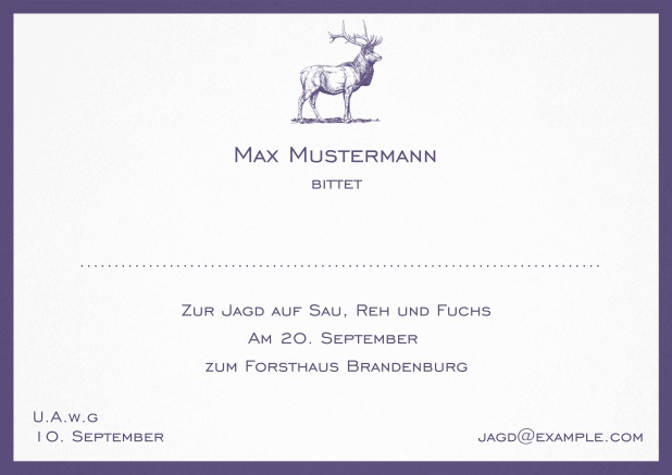 Classic hunting card with strong stag and elegant border in various colors. Purple.