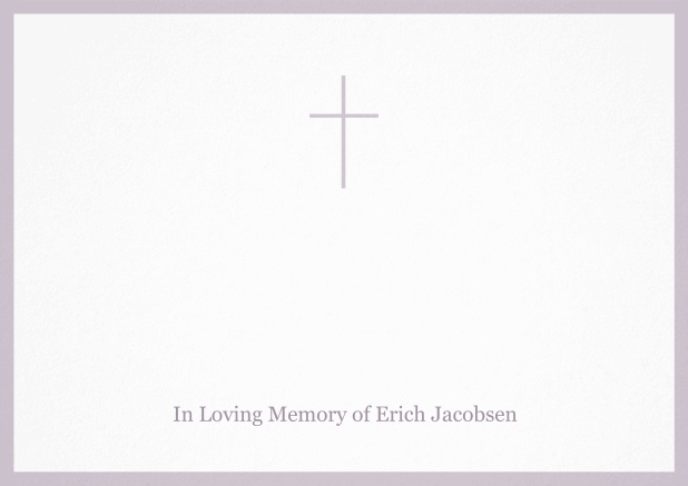 Classic Memorial invitation card with black frame and Cross in the middle. Purple.