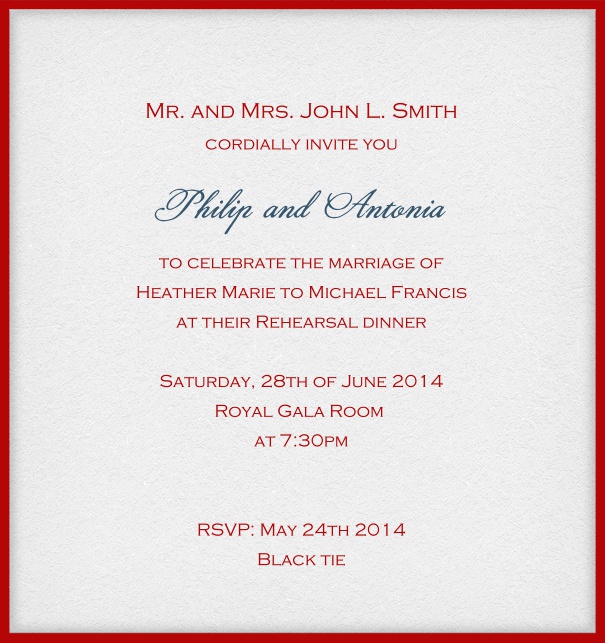 Customize this classic online invitation card with fine frame and optional personal addressing of your recipients. Red.