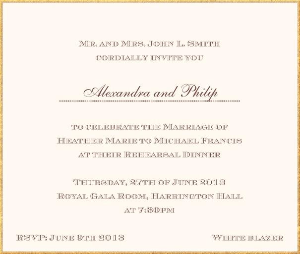 Classic invitation card in square format with fine golden frame and paper color of your choice. Beige.