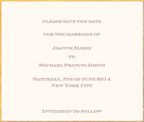 Classic save the date card in square format with fine golden frame and paper color of your choice. Beige.