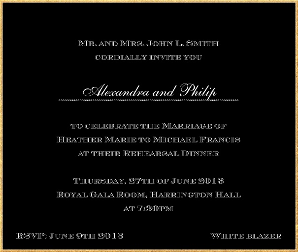 Classic invitation card in square format with fine golden frame and paper color of your choice. Black.