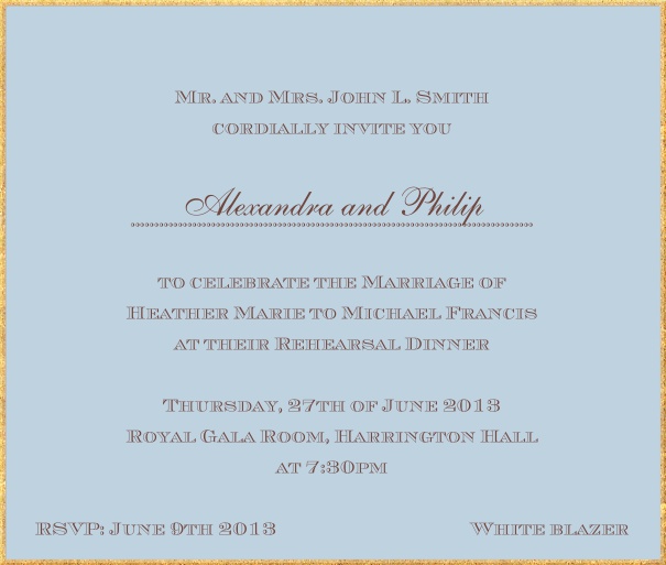 Classic invitation card in square format with fine golden frame and paper color of your choice. Blue.