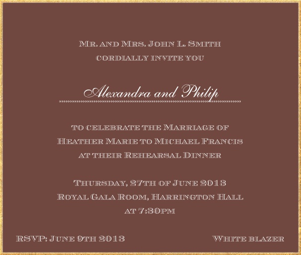 Classic invitation card in square format with fine golden frame and paper color of your choice. Brown.