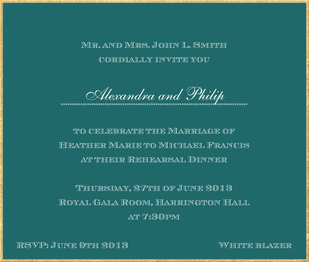 Classic invitation card in square format with fine golden frame and paper color of your choice. Green.