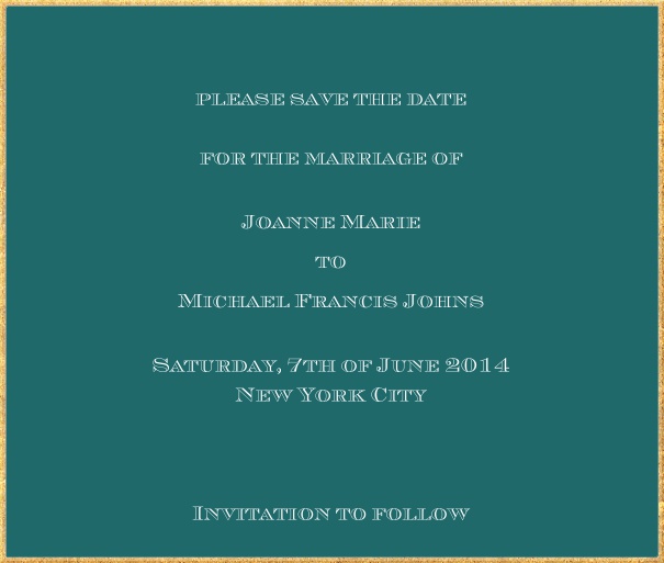 Classic save the date card in square format with fine golden frame and paper color of your choice. Green.