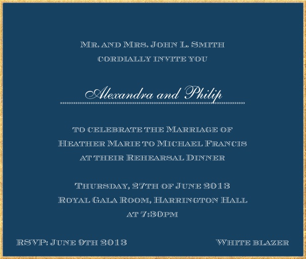 Classic invitation card in square format with fine golden frame and paper color of your choice. Navy.