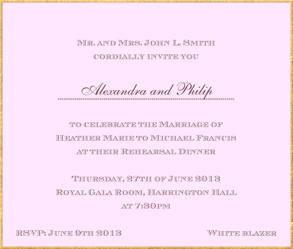 Classic invitation card in square format with fine golden frame and paper color of your choice. Pink.