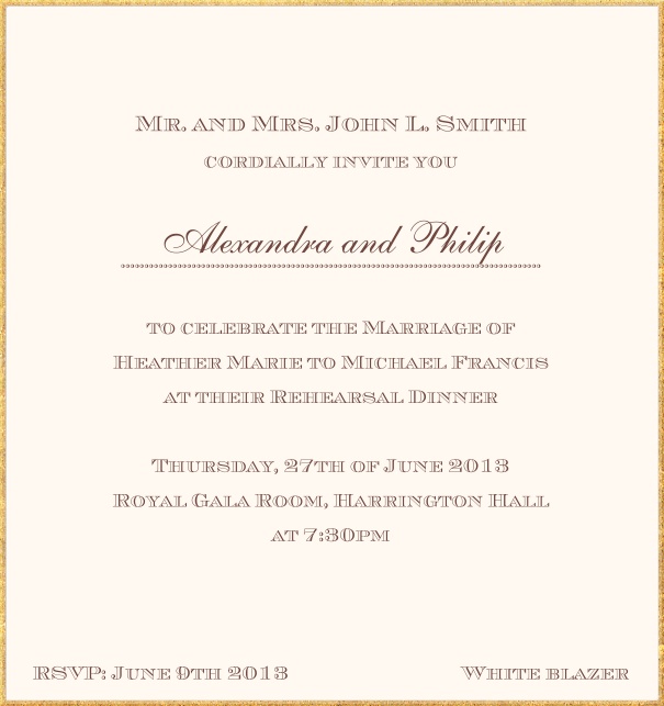 Classic invitation card in high format with fine golden frame and paper color of your choice. Beige.