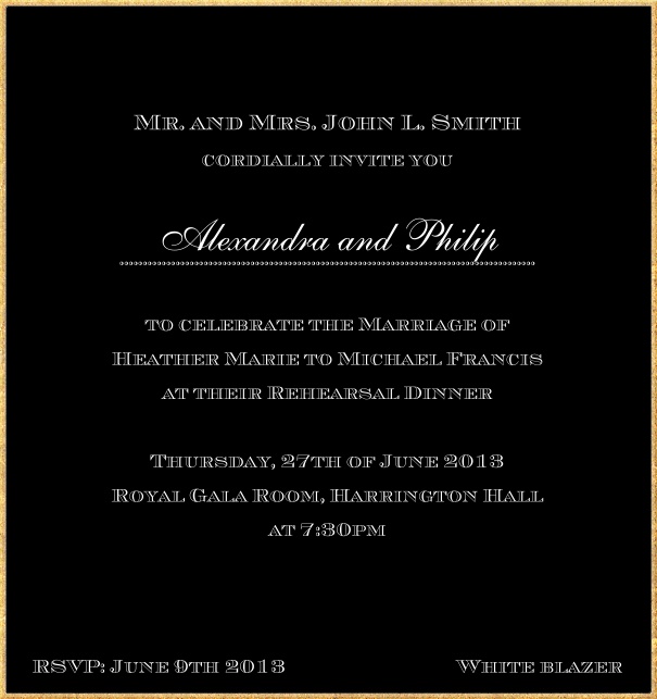 Classic invitation card in high format with fine golden frame and paper color of your choice. Black.