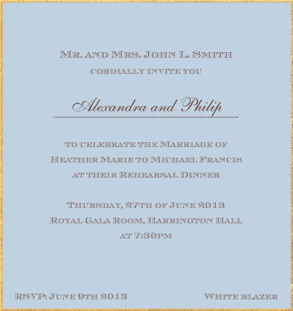 Classic invitation card in high format with fine golden frame and paper color of your choice. Blue.