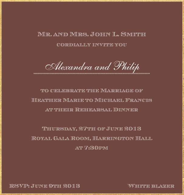 Classic invitation card in high format with fine golden frame and paper color of your choice. Brown.