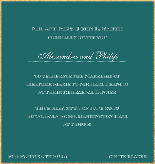 Classic invitation card in high format with fine golden frame and paper color of your choice. Green.