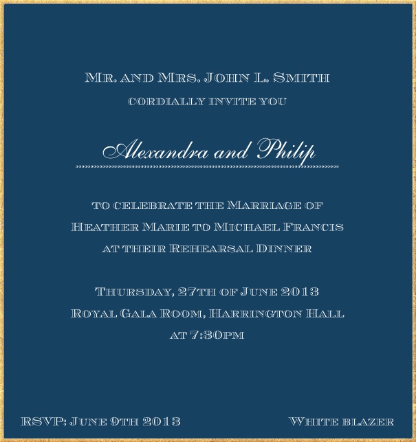 Classic invitation card in high format with fine golden frame and paper color of your choice. Navy.