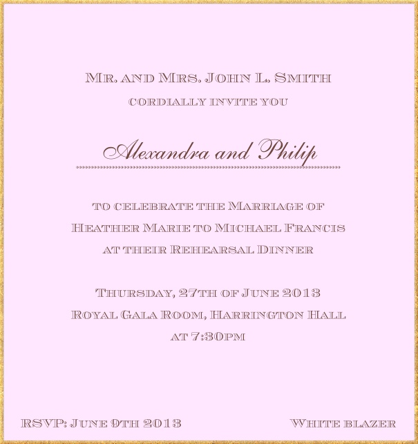 Classic invitation card in high format with fine golden frame and paper color of your choice. Pink.