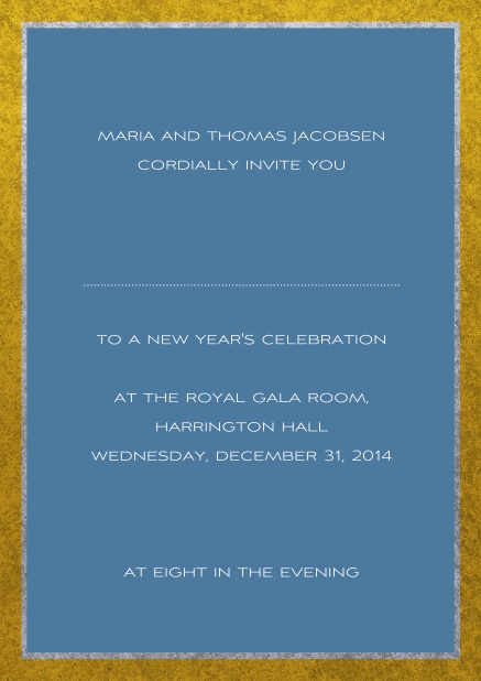 Classic online invitation card with silver and gold frame. Blue.