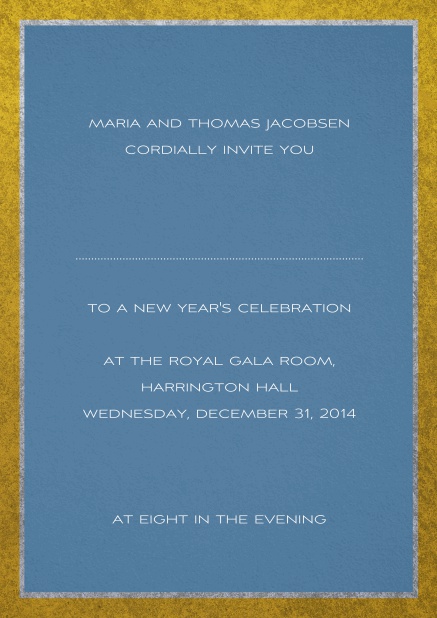 Klassische Einladungskarte mit silbernen und goldenem Rahmen. Blau.